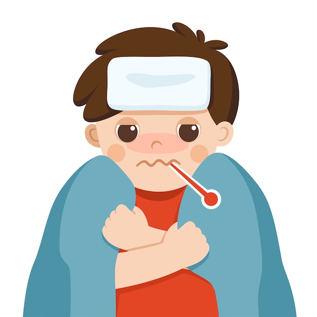 Premium Vector | Sick cute boy with fever wrapped in warm blanket and a ...