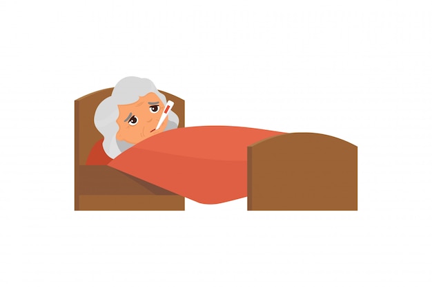 Premium Vector | Sick old woman with thermometer in bed flat ...