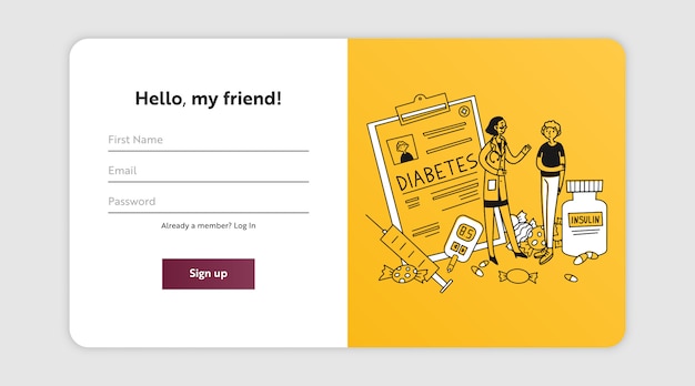 糖尿病患者の医者を訪問してサインアップページ プレミアムベクター