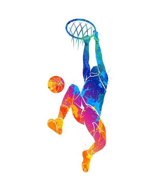 水彩画のスプラッシュからボールを持つシルエットバスケットボール選手 塗料のイラスト プレミアムベクター