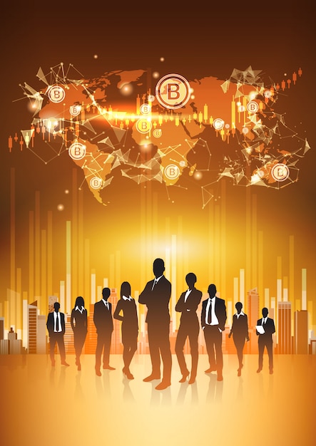 Silhouette business people group standing over world map with bitcoin crypto currency concept digita Premium Vector