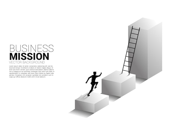 Silhouette of businessman running to move up on bar graph with ladder. Premium Vector