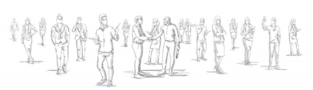 Silhouette businessmen shake hands with business people group on background businesspeople shaking hands horizontal banner Premium Vector