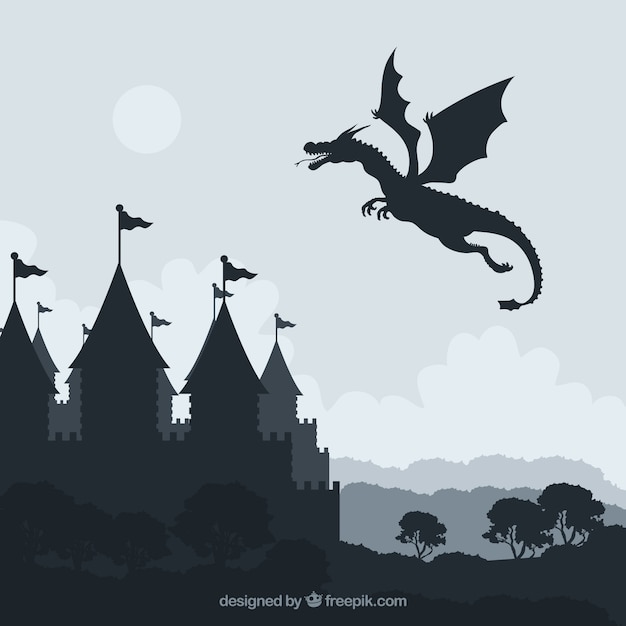 Premium Vector Silhouette Of Castle And Flying Dragon