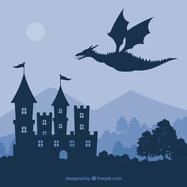 Free Vector | Silhouette of castle and flying dragon