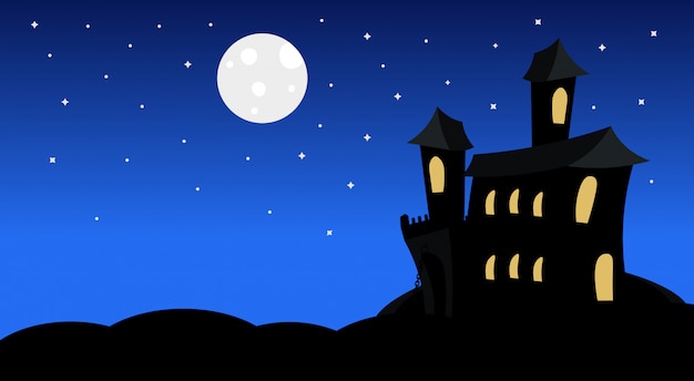 月明かりの下で幽霊のシルエット城怖い影ハッピーハロウィンイラストトリックオアトリートコンセプト休日 プレミアムベクター