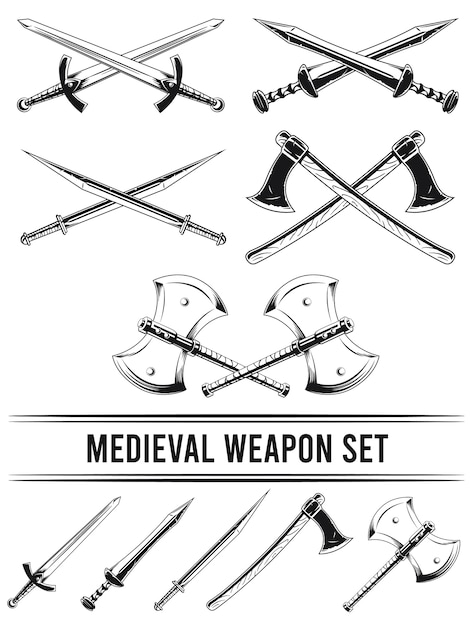 シルエット交差した剣の斧の彫刻イラスト中世の武器手描きのアウトライン プレミアムベクター