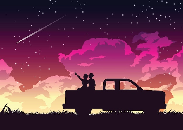 星のイラストを見るトラックの後ろのカップルのシルエットデザイン プレミアムベクター