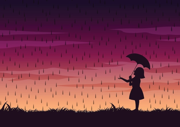 雨のイラストの真ん中に女の子と傘のシルエットデザイン プレミアムベクター