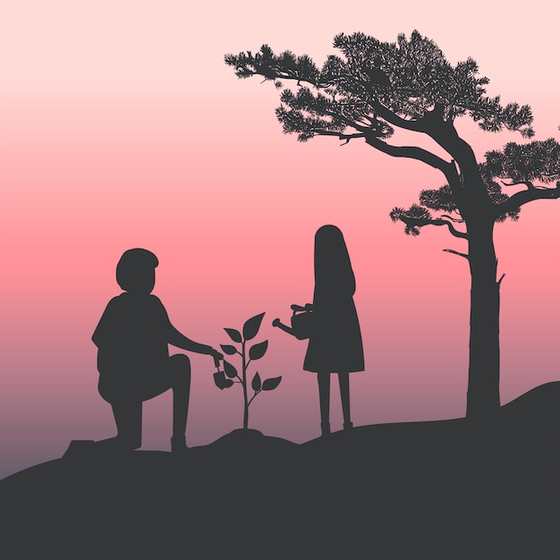 Silhouette of father and daughter gardening vector Vector ...