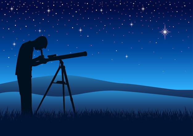 プレミアムベクター 望遠鏡を通して夜空を見ている人のシルエットイラスト