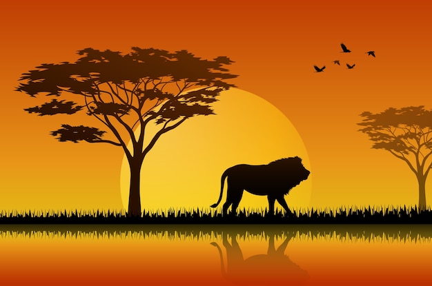 Premium Vector Silhouette Of Lion At Lake In Savanah