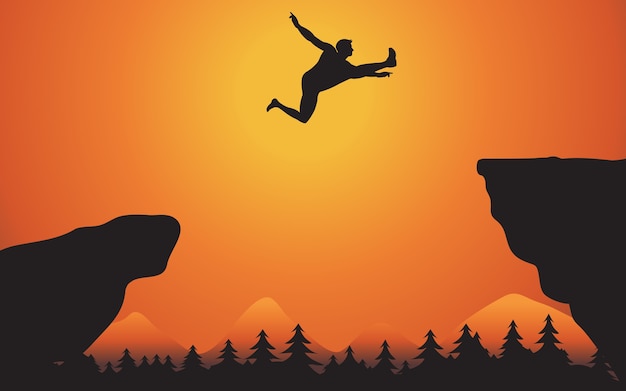 Premium Vector | Silhouette a man jumping on the mountain