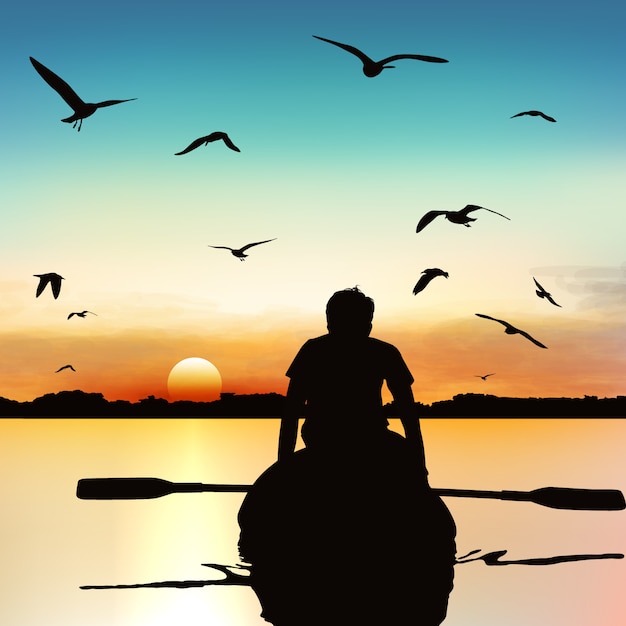 Silhouette of a man kayaking. Premium Vector
