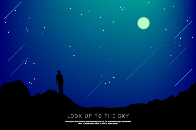 星の夜に空を見上げるシルエットの男 プレミアムベクター