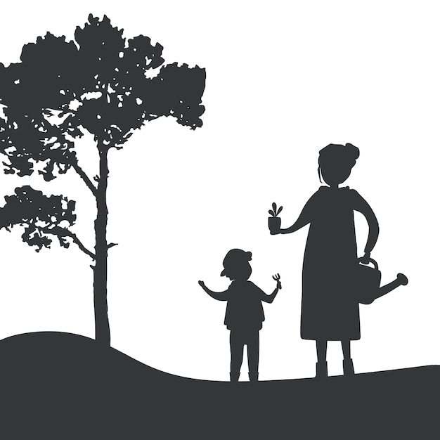 Download Silhouette of mother and son gardening vector | Free Vector
