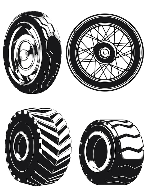 シルエットオートバイホイール車のタイヤ分離アウトラインセット プレミアムベクター