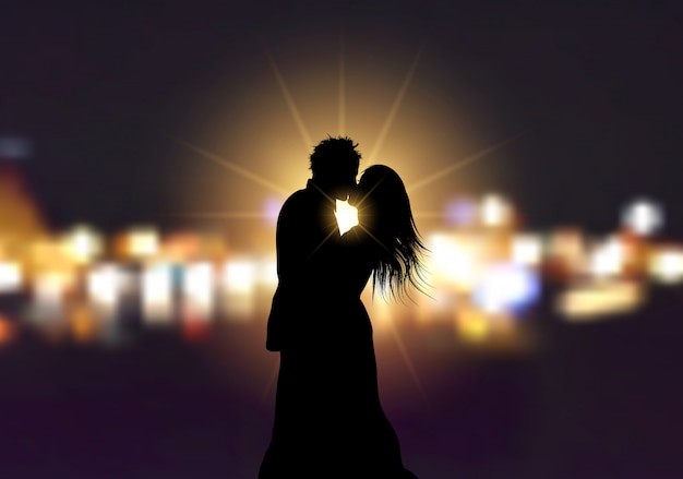 Silhouette of a loving couple on bokeh lights\
background