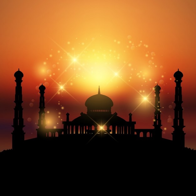 Silhouette of a mosque at sunset ideal for\
ramadan