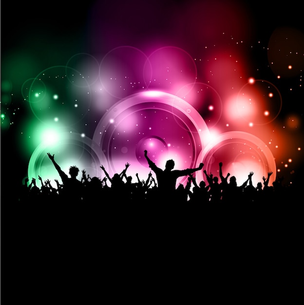 Silhouette of a party crowd on a glowing lights background Free Vector Silhouette of a party crowd on a glowing lights background Free Vector