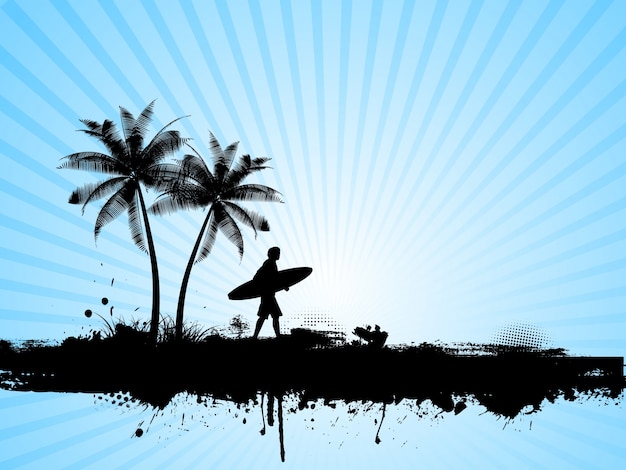 Silhouette of a surfer on a palm tree\
background