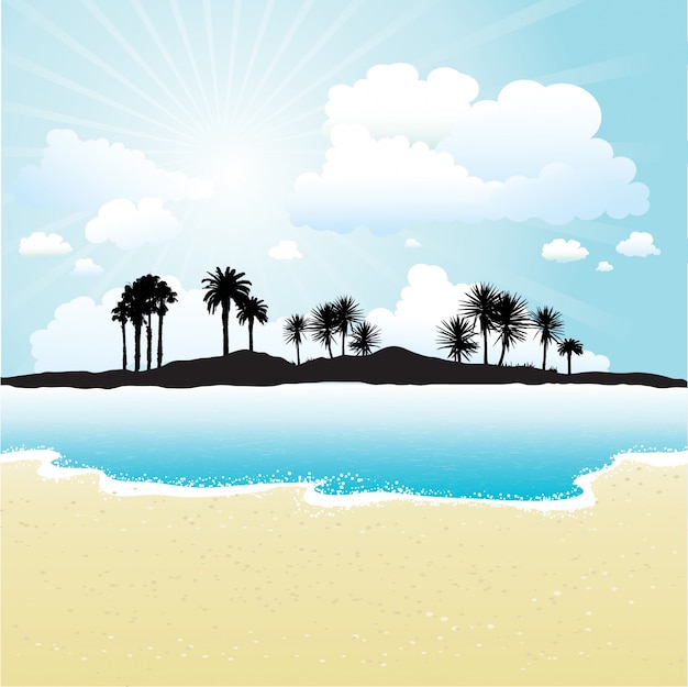 Silhouette of a tropical island against a sunny\
sky and beach