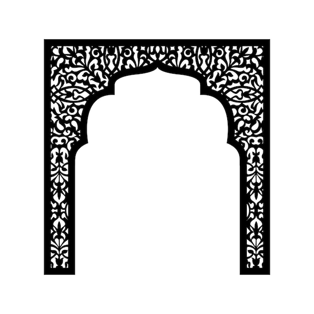 レーザー切断のための植物要素を持つイスラムのアーチのシルエット 結婚式やお祝いのイベント 訪問式のための装飾の生産 ベクトルイラスト プレミアムベクター