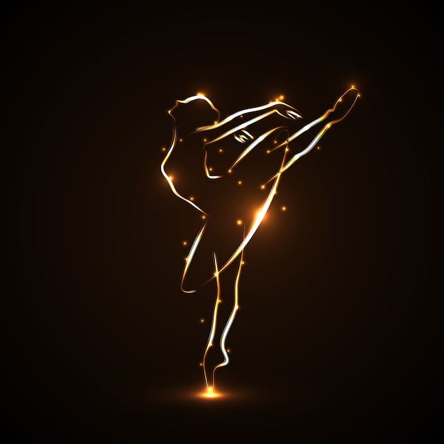 バレリーナ ポワントとチュチュの動きのダンサーのシルエット 黒の背景に光と黄金色のトレースで手書き 腕と脚の両方が持ち上げられました アイコン プレミアムベクター