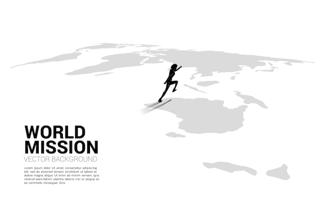 世界地図上を実行しているビジネスマンのシルエット 世界目標ミッションのビジネスコンセプト プレミアムベクター
