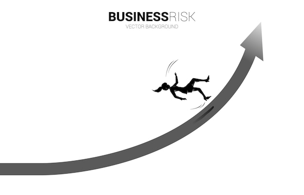 実業家のシルエットが滑って 成長する矢印から落ちます 失敗と偶発的なビジネスの概念 プレミアムベクター