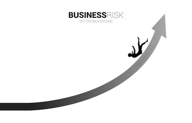 実業家のシルエットは 成長する矢印から滑り落ちます 失敗と偶発的なビジネスの概念 プレミアムベクター