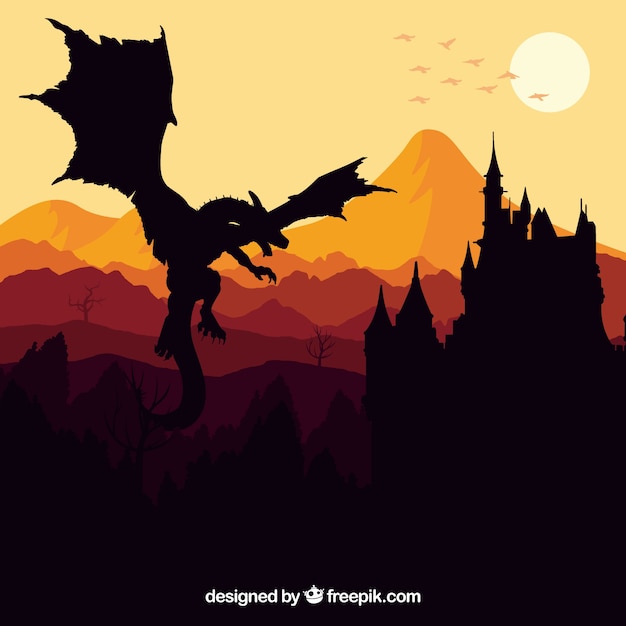 Silhouette of castle and flying dragon