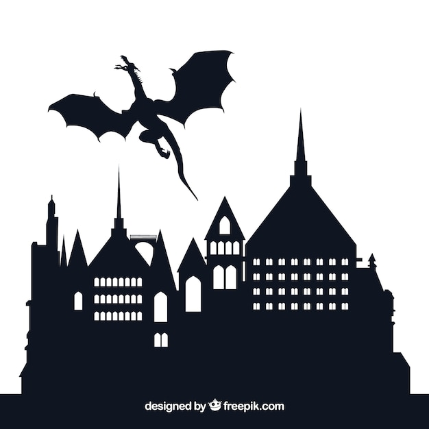 Silhouette of castle and flying dragon