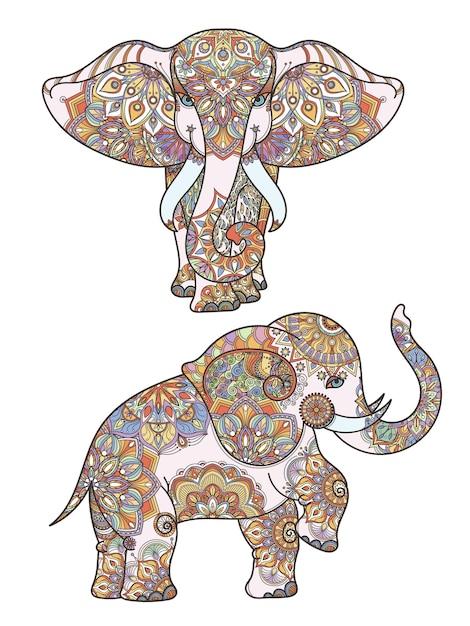 その上にアフリカゾウと曼荼羅の装飾を着色するシルエット 抽象的なイラストアフリカゾウのパターンの装飾 プレミアムベクター