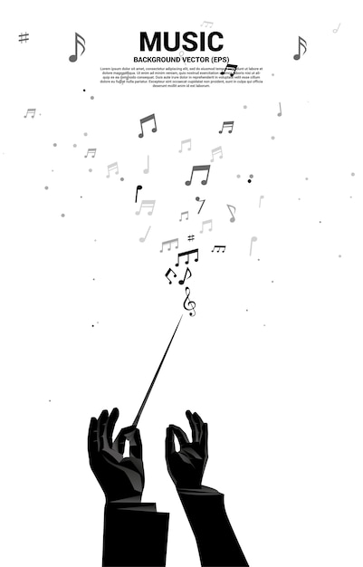 指揮者の手のシルエットは 音符が飛んでバトンスティックを保持します オーケストラコンサートやレクリエーションの概念の背景 プレミアムベクター