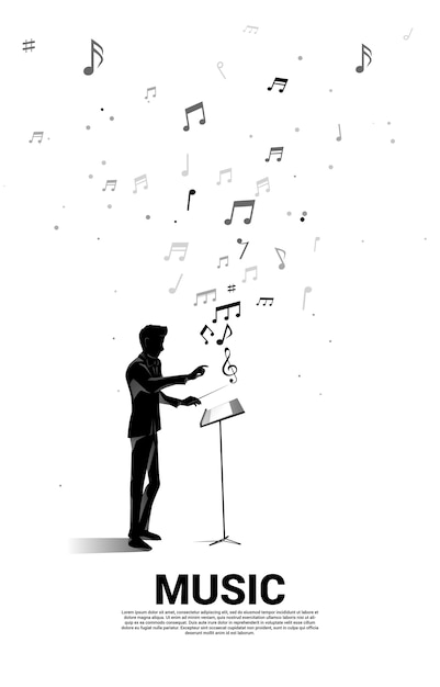 飛んでいる音符で立っている指揮者のシルエット オーケストラコンサートとレクリエーションのコンセプトの背景 プレミアムベクター