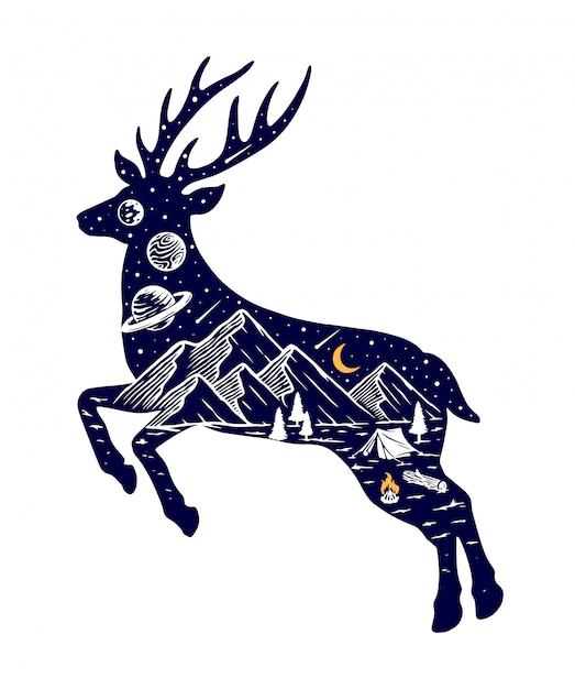 鹿と自然のイラストのシルエット プレミアムベクター