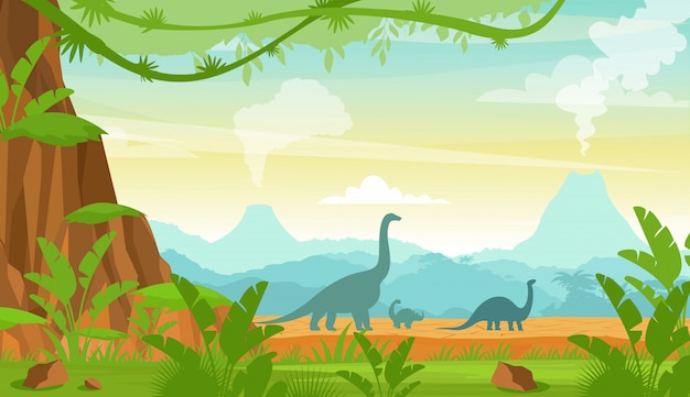 山 火山 熱帯植物のフラットな漫画のスタイルでジュラ紀の時代の風景に恐竜のシルエット プレミアムベクター
