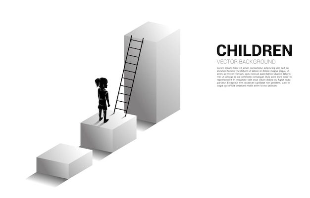 はしごで棒グラフに立っている女の子のシルエット 子供の教育と学習のイラスト プレミアムベクター