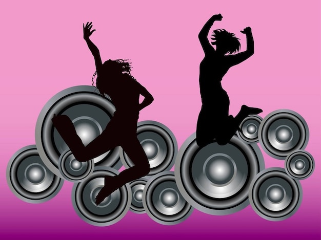 Silhouette of girls jumping speakers
