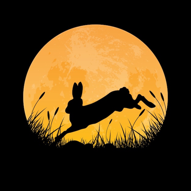 草原の上を飛ぶウサギのシルエット プレミアムベクター