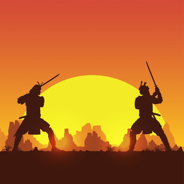 プレミアムベクター 2つの日本の武士の剣の戦い イラストのシルエット