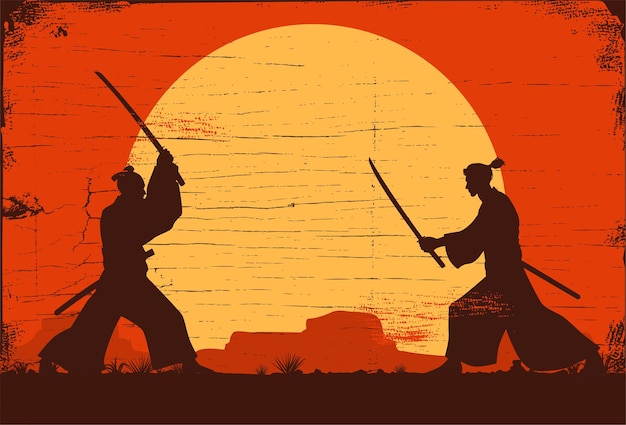 2つの日本の武士の刀の戦いのシルエット プレミアムベクター