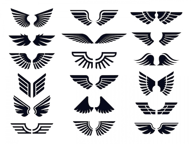 プレミアムベクター 翼アイコンのシルエットペア 天使の翼 装飾的なフライのエンブレムとイーグルステンシルシンボルベクトルアイコンバンドル