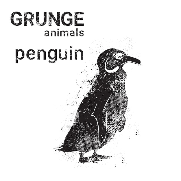 グランジデザインスタイルの動物のアイコンでシルエットペンギン プレミアムベクター