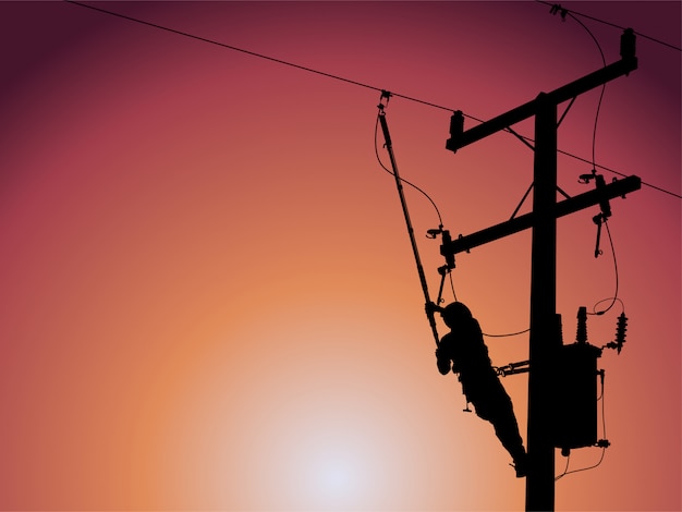 Download Silhouette of power lineman closing a single phase transformer on energized high-voltage ...