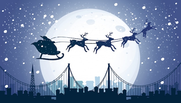 Silhouette Santa and Reindeer Flying Night\
Sky