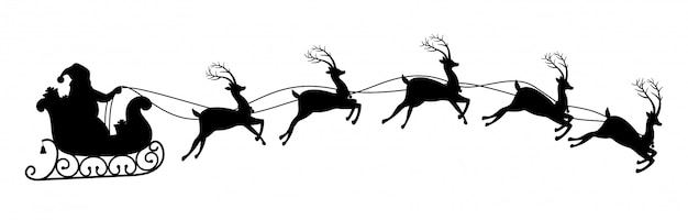 Download Silhouette of santa claus riding on reindeer sleigh. Vector | Premium Download