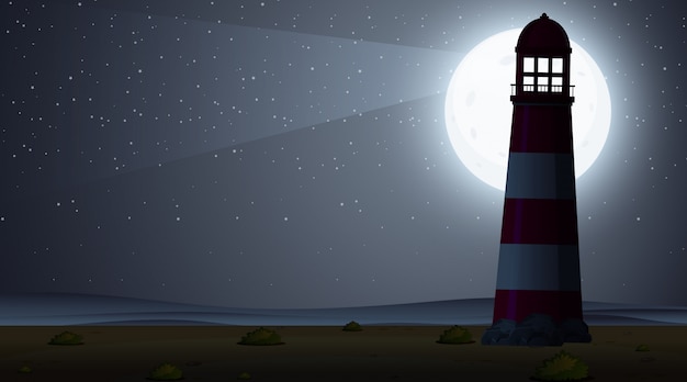 夜の灯台とシルエットシーン プレミアムベクター
