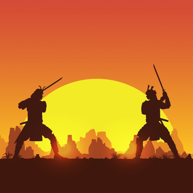 Premium Vector | Silhouette of two japanese samurai sword fighting